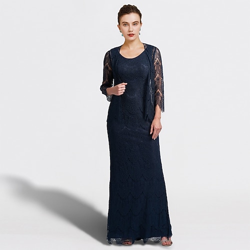 

Two Piece Sheath / Column Mother of the Bride Dress Plus Size Elegant Jewel Neck Floor Length Lace Sleeveless Wrap Included with Ruffles Appliques 2022