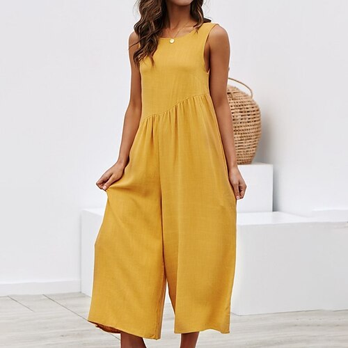

Women's Jumpsuit Pocket Solid Color Crew Neck Casual Street Daily Regular Fit Sleeveless Blue Black Gray S M L Summer