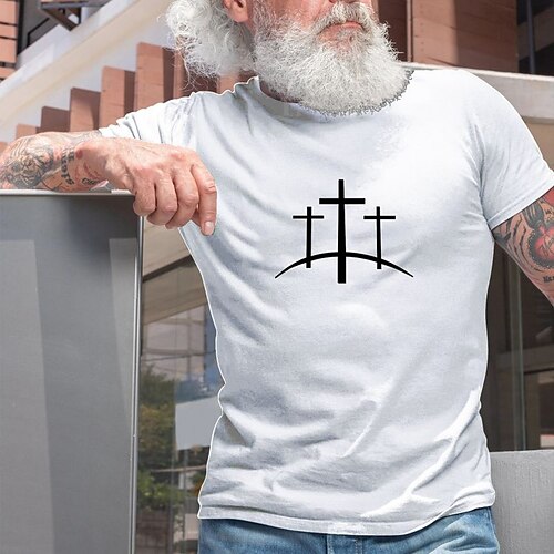 

Men's T shirt Hot Stamping Cross Round Neck Casual Daily Print Short Sleeve Tops Simple Basic White Gray Army Green