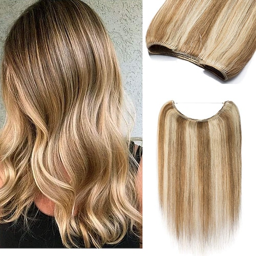 

Halo Hair Extensions Human Hair Wire In Hair Extensions One Piece Secret Fish Line Transparent Invisible Rubber Band With 2 Clips Long Straight 10-26 Inch #12P613 Golden Brown & Bleach Blonde 100g