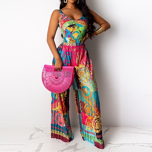 

Women's Jumpsuit Backless Print Floral Crew Neck Casual Street Daily Regular Fit Sleeveless Green S M L Spring