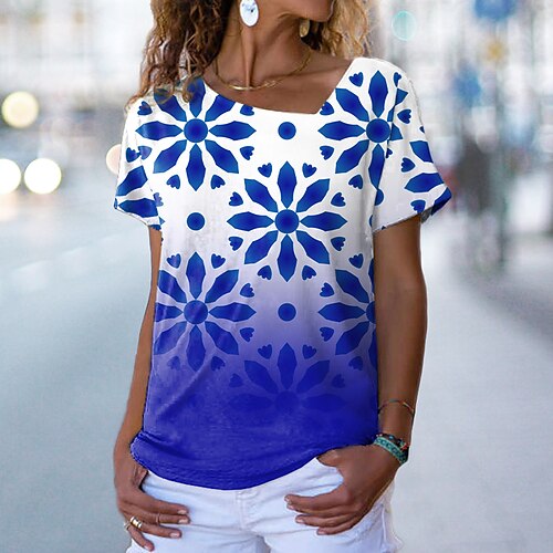 

Women's Floral Theme Painting T shirt Floral Color Gradient Print V Neck Basic Tops Green Blue Pink / 3D Print