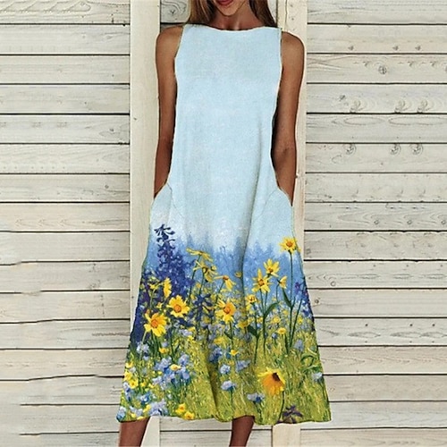 

Women's A Line Dress Midi Dress Blue Sleeveless Floral Pocket Print Spring Summer Round Neck Elegant Casual Vacation 2022 S M L XL XXL 3XL 4XL 5XL