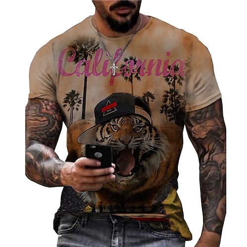 

Men's Unisex T shirt 3D Print Graphic Prints Tiger Crew Neck Street Daily Print Short Sleeve Tops Casual Designer Big and Tall Sports Brown