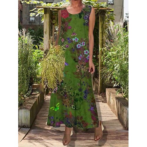 

Women's Sheath Dress Maxi long Dress Navy Green Blue Pink Sleeveless Floral Print Print Fall Spring Crew Neck Casual Vacation 2022 S M L XL 2XL 3XL