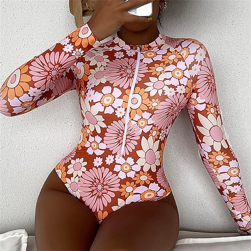 

Mujer Bañadores Lycra Buceo Normal Traje de baño Protección UV Control de barriga Cremallera Estampado Floral Rosa Acolchado Cuello Alto Trajes de baño nuevo Vacaciones Moderno / Estilo lindo / Spa