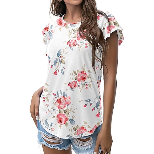 

Women's Floral Theme Painting T shirt Floral Camo Tie Dye Print Round Neck Basic Tops Blue White Army Green / 3D Print