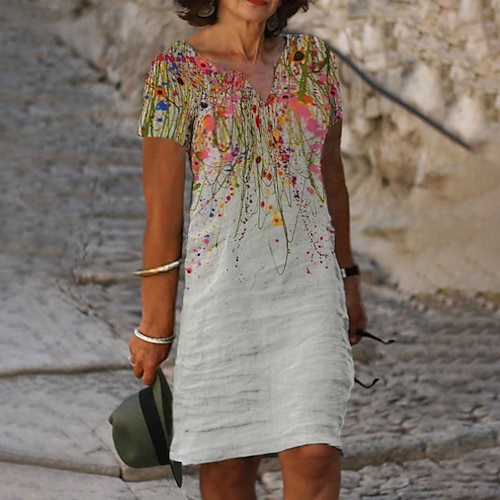

abito casual taglie forti da donna con scollo a V floreale stampa manica corta mini abito casual primavera estate abito casual quotidiano