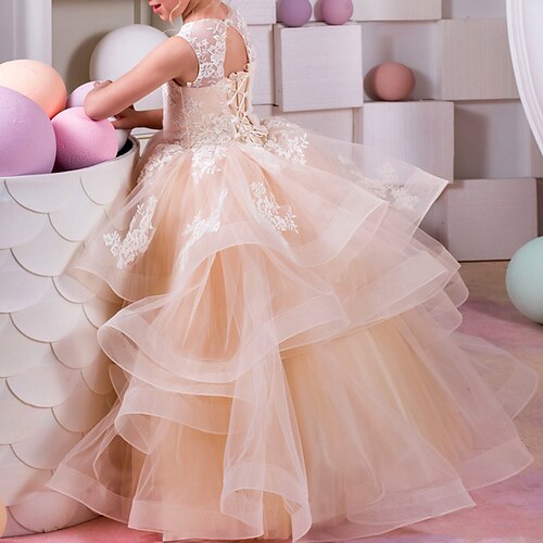 

Party Engagement Party Princess Flower Girl Dresses Jewel Neck Floor Length Tulle Spring Summer with Lace Appliques Cute Girls' Party Dress Fit 3-16 Years