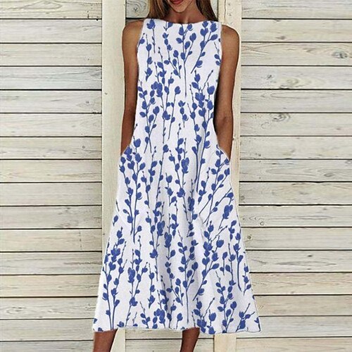 

Women's A Line Dress Midi Dress Blue Sleeveless Floral Pocket Print Spring Summer Round Neck Casual 2022 S M L XL XXL