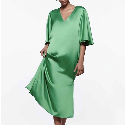 

Women's Chiffon Dress Knee Length Dress Green Half Sleeve Pure Color Split Summer V Neck Stylish Butterfly Sleeve 2022 S M L