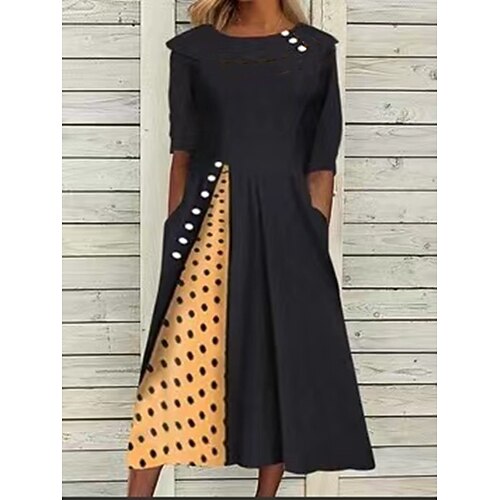 

Women's A Line Dress Midi Dress Black Half Sleeve Polka Dot Solid Color Patchwork Print Summer Crew Neck Formal 2022 S M L XL XXL