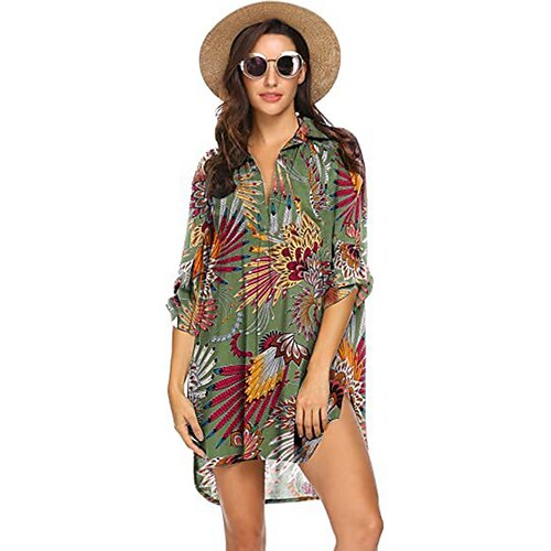 

Women's Blouse Shirt Green Blue Yellow Floral Tie Dye Long Sleeve Casual Weekend Basic Shirt Collar Long Loose Fit S