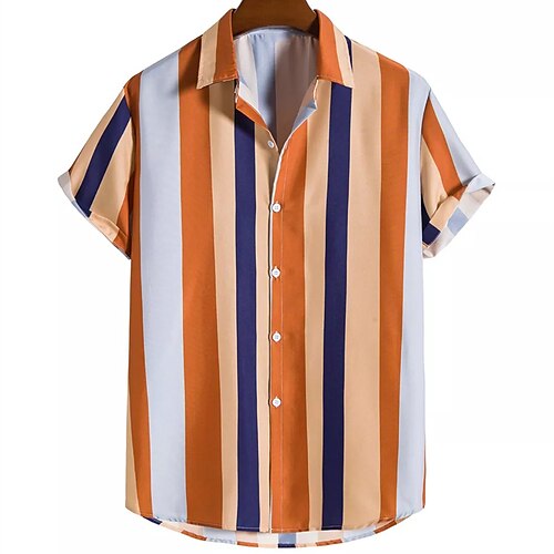 

Hombre Camisa A Rayas Cuello Vuelto Naranja Exterior Calle Manga Corta Abotonar Ropa Moda Casual Transpirable Cómodo