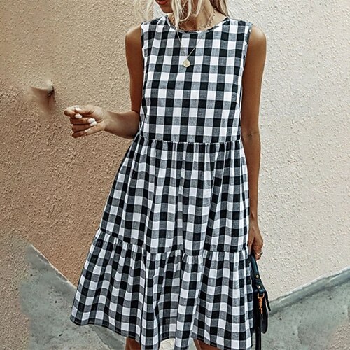 

Women's A Line Dress Knee Length Dress Black Light Blue Sleeveless Plaid Print Spring Summer Crew Neck Stylish Casual 2022 S M L XL XXL