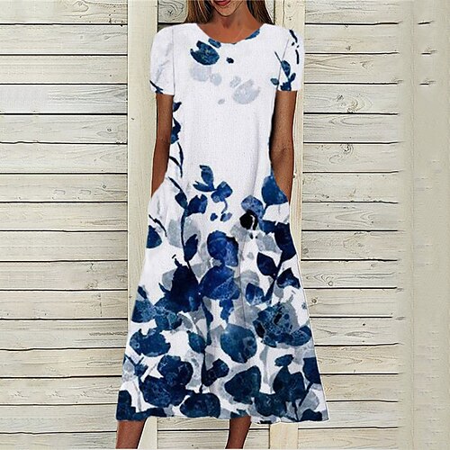 

Women's A Line Dress Midi Dress Blue Short Sleeve Floral Pocket Print Spring Summer Round Neck Stylish Casual Modern 2022 S M L XL XXL 3XL
