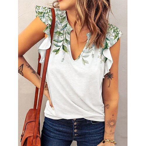 

Women's Floral Theme Tank Top Floral Ruffle Print V Neck Basic Tops White / 3D Print