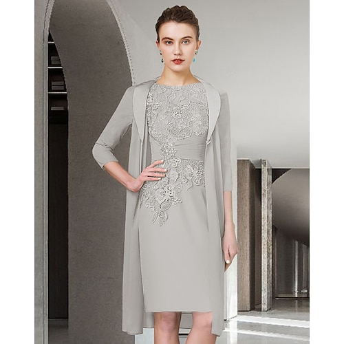 

Two Piece Sheath / Column Mother of the Bride Dress Plus Size Elegant Jewel Neck Knee Length Chiffon Lace Half Sleeve Wrap Included Jacket Dresses with Ruched Appliques 2022