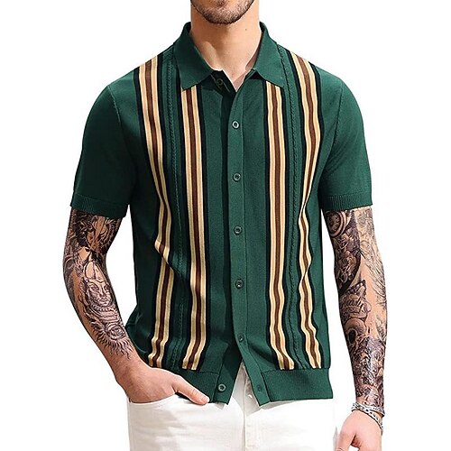 

Men's Casual Shirt Striped Turndown Street Casual Button-Down Short Sleeve Tops Casual Fashion Streetwear Cool Green / Spring / Summer