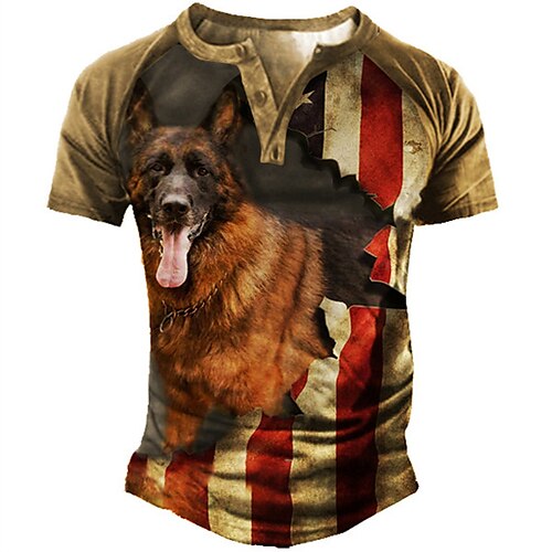 

Men's Henley Shirt Tee T shirt 3D Print Dog Graphic American Flag Plus Size Henley Daily Sports Patchwork Button-Down Short Sleeve Tops Basic Casual Classic Designer Brown