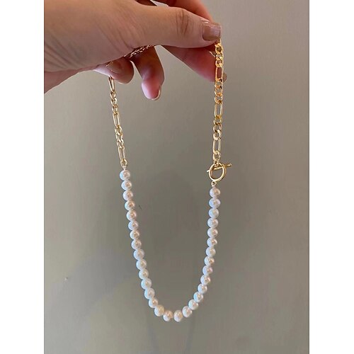 

1pc Chain Necklace Beaded Necklace For Men's Women's Pearl White Christmas Street Gift Brass Cuban Link Joy