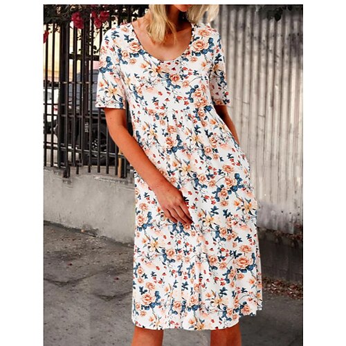 

Mujer Vestido de flores Vestido hasta la Rodilla Naranja Rojo Manga Corta Floral Bolsillo Estampado Primavera Verano Cuello Barco Casual 2022 M L XL XXL 3XL