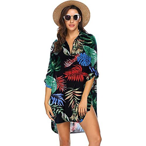 

Women's Blouse Shirt Floral Tie Dye Leopard Shirt Collar Basic Tops Green Blue Black