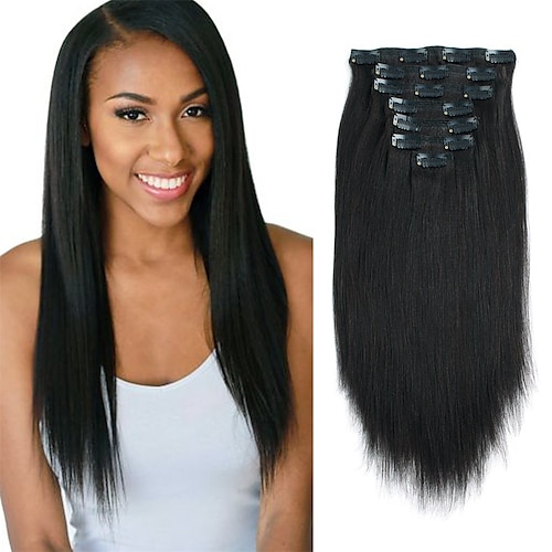 

9A Grade Yaki Straight Real Remy Thick Hair 100% Clip in Human Extensions Natural Black Color Full Head Brazilian Virgin Hair for Black Women 7 Pieces 120g YK 10-26 inch