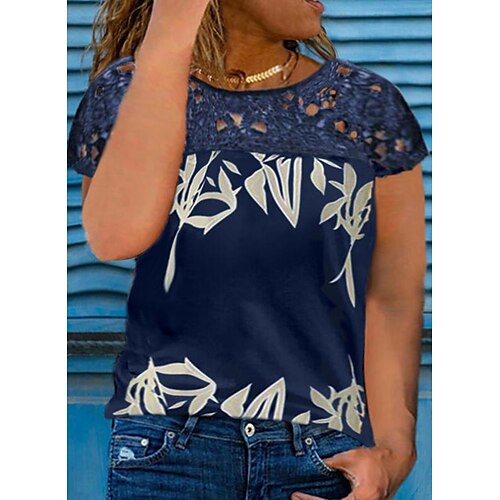 

Women's Plus Size Tops T shirt Floral Lace Print Short Sleeve Crewneck Streetwear Daily Going out Polyester Spring Summer Blue
