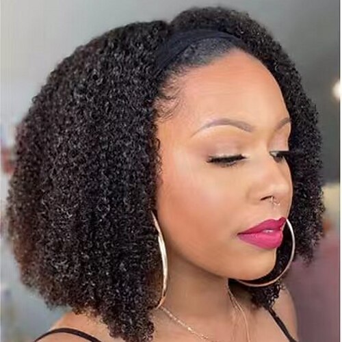 

Human Hair Wig Medium Length Kinky Curly Afro Curly Bob With Headband Natural Sexy Lady Comfortable curling Machine Made Peruvian Hair Women's Natural Black #1B 12 inch 14 inch 16 inch