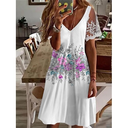 

Women's Casual Dress Floral Dress Midi Dress Pink Khaki White Short Sleeve Floral Lace Spring Summer V Neck Modern Loose Fit 2022 S M L XL XXL 3XL