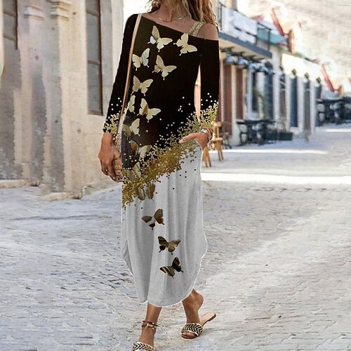 

Women's A Line Dress Maxi long Dress Gray Long Sleeve Butterfly Pocket Print Spring Summer One Shoulder Casual 2022 S M L XL XXL 3XL