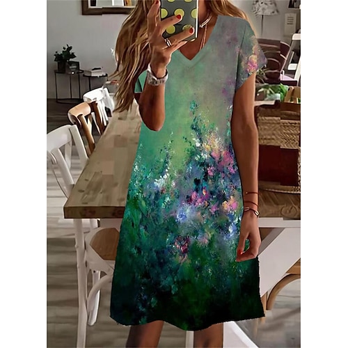 

Women's Shift Dress Knee Length Dress Green Short Sleeve Floral Print Spring Summer V Neck Stylish Casual 2022 S M L XL XXL 3XL