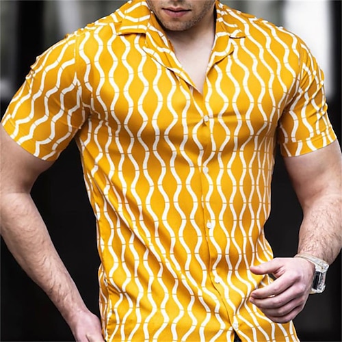 

Men's Shirt Hot Stamping Striped Graphic Turndown Street Casual Button-Down Print Short Sleeve Tops Casual Fashion Breathable Comfortable Yellow