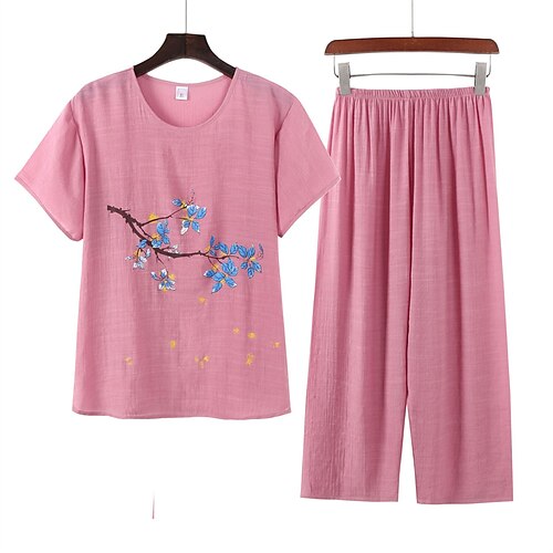 

Women's Loungewear Sets Nighty 2 Pieces Flower Simple Comfort Home Mother's Day Cotton Crew Neck Short Sleeve T shirt Tee Embroidery Spring Summer Green Blue