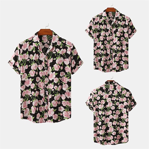 

Men's Shirt 3D Print Floral Graphic Turndown Casual Daily Button-Down Print Short Sleeve Tops Fashion Classic Breathable Comfortable Pink