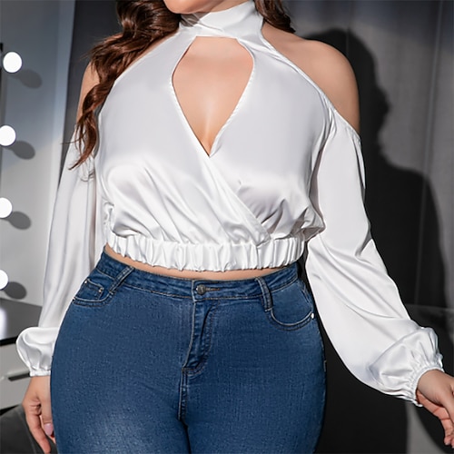 

Women's Plus Size Tops Blouse Plain Cut Out Long Sleeve Crewneck Streetwear Festival Daily Sports Polyester Spring Summer White