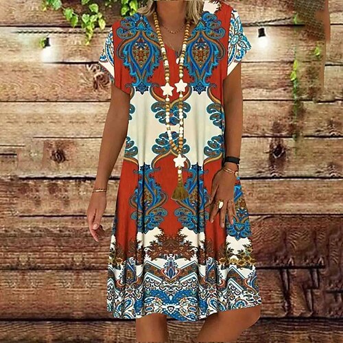 

Women's A Line Dress Knee Length Dress Green Orange Red Short Sleeve Floral Print Spring Summer V Neck Casual 2022 S M L XL XXL 3XL 4XL 5XL