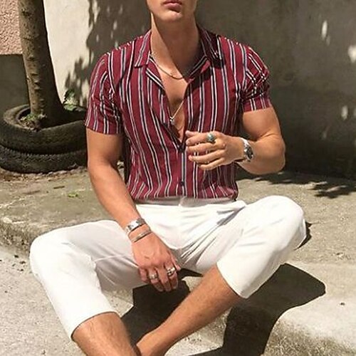 

Men's Shirt Striped Turndown Street Casual Button-Down Long Sleeve Tops Casual Fashion Breathable Comfortable Red