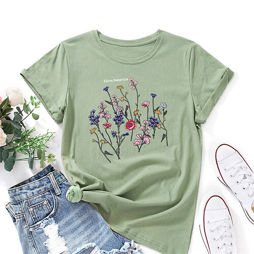 

Women's Plus Size Curve Tops Blouse T shirt Floral Print Short Sleeve Crewneck Basic Streetwear Vacation Going out Cotton Spring Summer Green White
