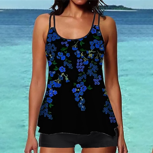 

Women's Swimwear Tankini 2 Piece Normal Swimsuit Printing Floral Black Camisole Strap Bathing Suits Sports Vacation Fashion / Sexy / Modern / New / Padded Bras