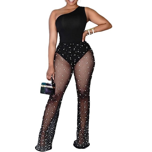 

Women's Jumpsuit Mesh Print Polka Dot One Shoulder Casual Street Daily Regular Fit Sleeveless Black S M L Spring