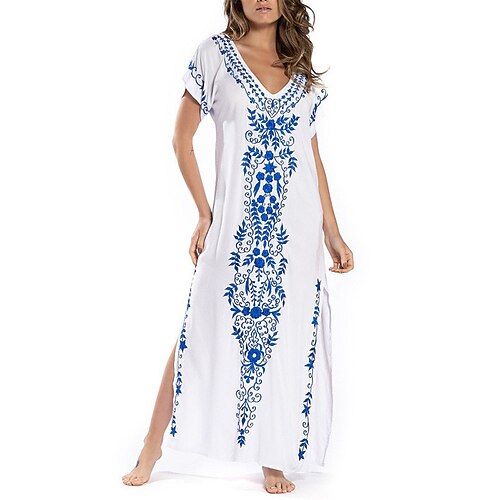 

Women's Shift Dress Maxi long Dress Green Blue White Black Red Navy Blue Short Sleeve Floral Split Print Spring Summer V Neck Casual Vacation 2022 S M L XL XXL 3XL