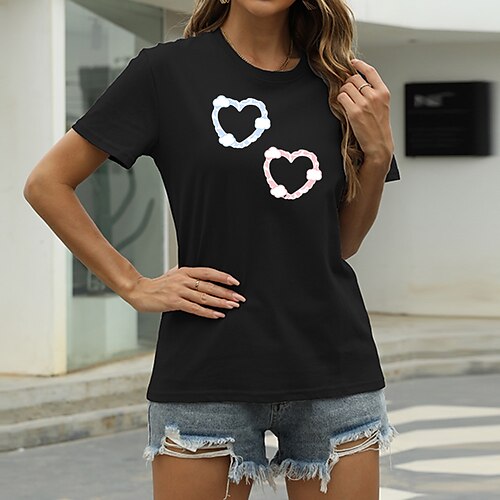 

Women's T shirt Graphic Heart Print Round Neck Basic Tops Green Blue White
