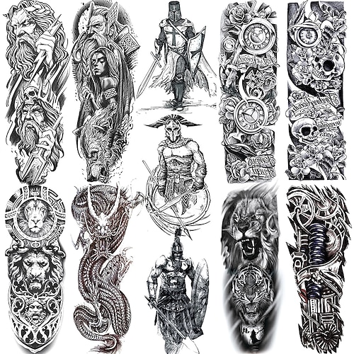 

13 pcs Black Military Maori Totem Temporary Sleeve Tattoos For Men Realistic Fake Full Arm3D Dragon Skull Wolf Lion Robot Tatoos Paste