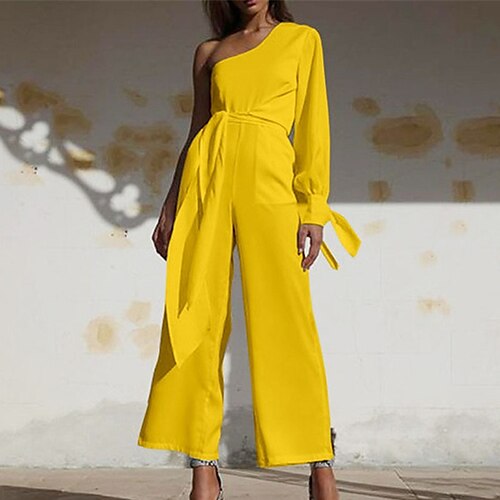 

Women's Jumpsuit Lace up Solid Color One Shoulder Elegant Party Street Regular Fit Long Sleeve White Black Yellow S M L Spring