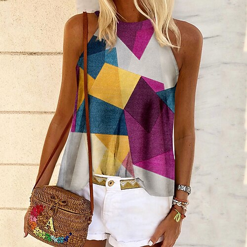 

Women's Tank Top Vest Green Purple Red Geometric Print Sleeveless Daily Weekend Streetwear Casual Round Neck Regular Geometric S / 3D Print