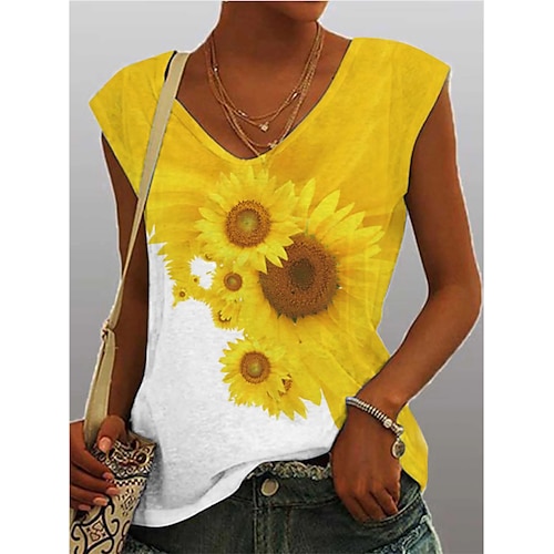 

Women's Tank Top Camis Yellow Floral Patchwork Print Sleeveless Casual Daily Basic Casual Beach Round Neck Regular S / 3D Print