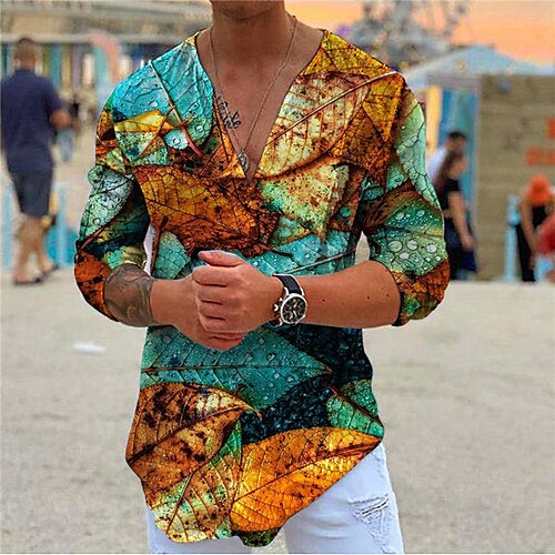 

Men's Shirt Leaves V Neck Casual Daily Print Long Sleeve Tops Casual Fashion Designer Comfortable Blue