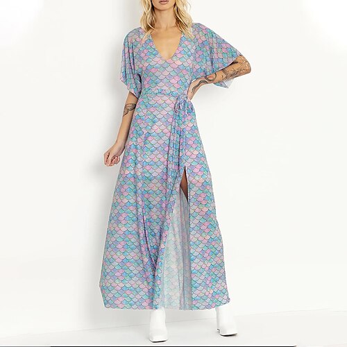 

Women's Sheath Dress Maxi long Dress Rainbow Short Sleeve Print Split Patchwork Print Summer V Neck Elegant Casual Vacation 2022 S M L XL